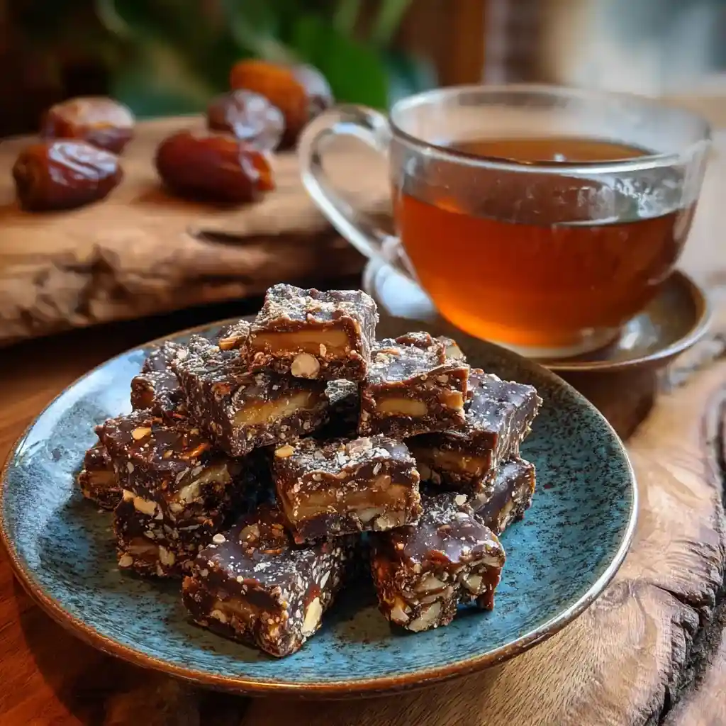 Low FODMAP Date Bark Bites – Easy, Sweet Treat (5-Ingredient) 9 Served Low FODMAP Date Bark Bites with tea