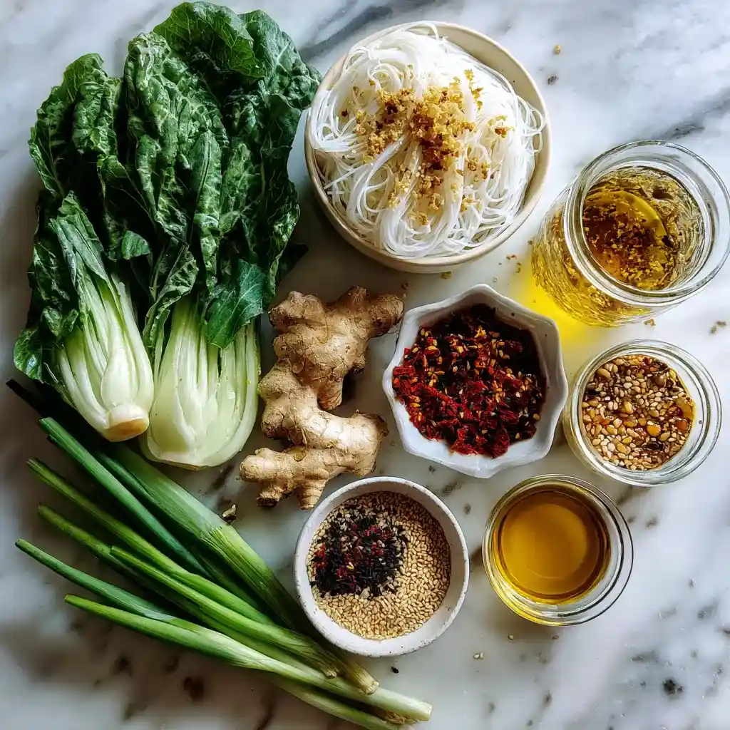 Low FODMAP Chili Oil Noodles – A Comforting Kick Without the Bloat (2025) 7 Low FODMAP noodle ingredients laid out on counter