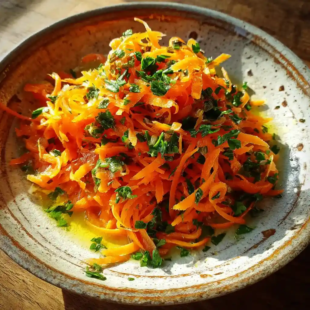 Raw carrot salad in rustic bowl
