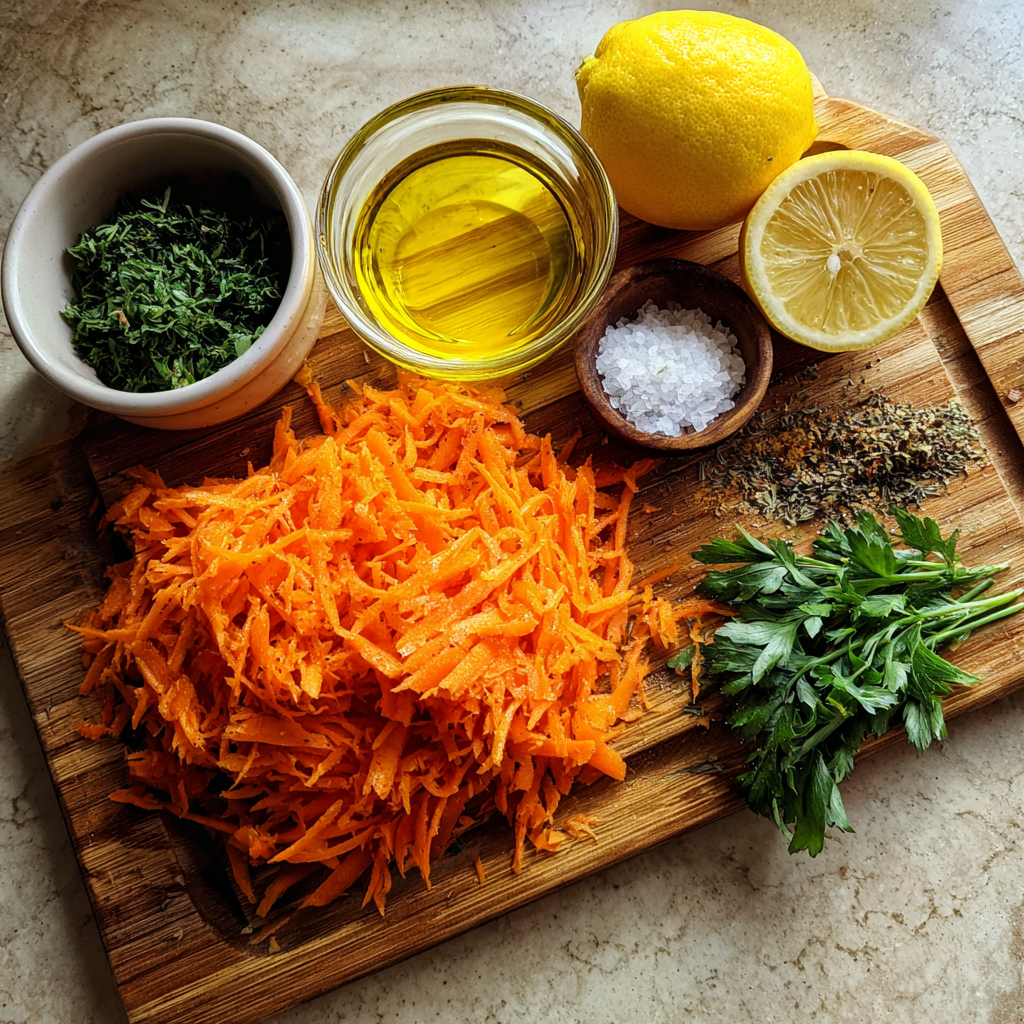 Raw Carrot Salad Recipe – 1 Gut-Healthy Delight You’ll Love 6 Raw carrot salad ingredients flat lay