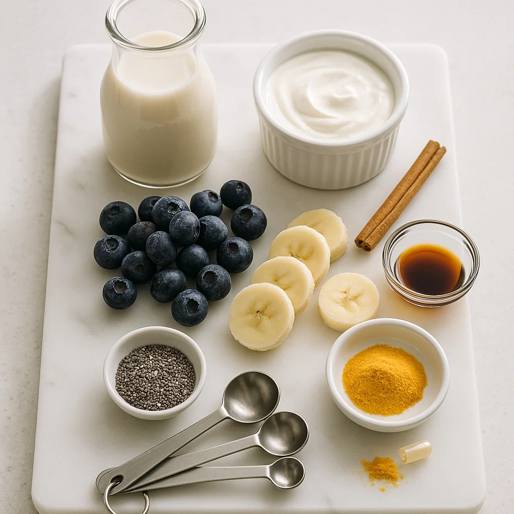 Berberine Smoothie: A Refreshing Way to Boost Health 7 berberine smoothie ingredients laid out on a marble board