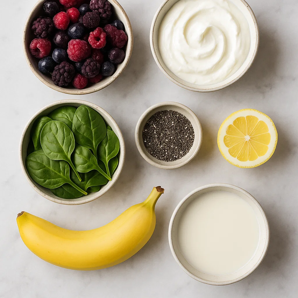 Berry Glutathione Smoothie – 5 Proven Ways to Glow 4 Berry Glutathione Smoothie ingredients flat lay