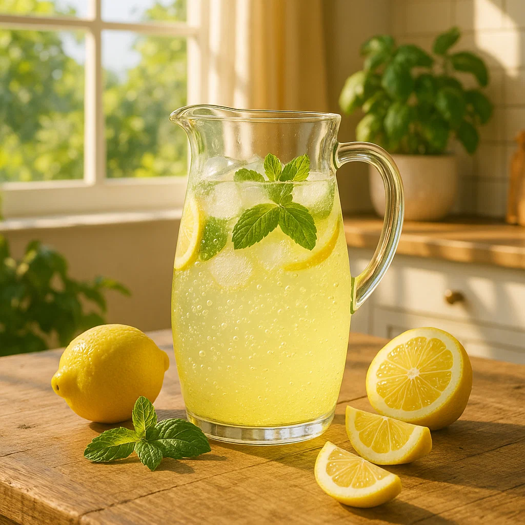 postbiotic lemonade recipe in pitcher with fresh lemons
