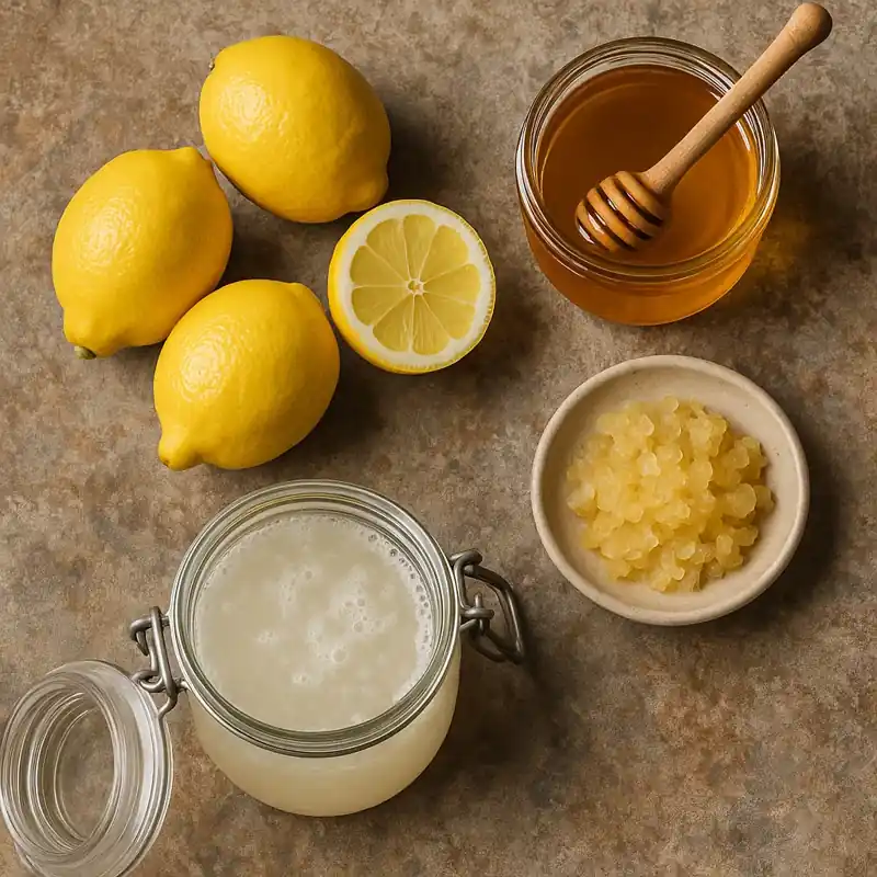 Postbiotic Lemonade Recipe – Refreshing & Proven Gut Drink 8 ingredients for postbiotic lemonade recipe on kitchen table