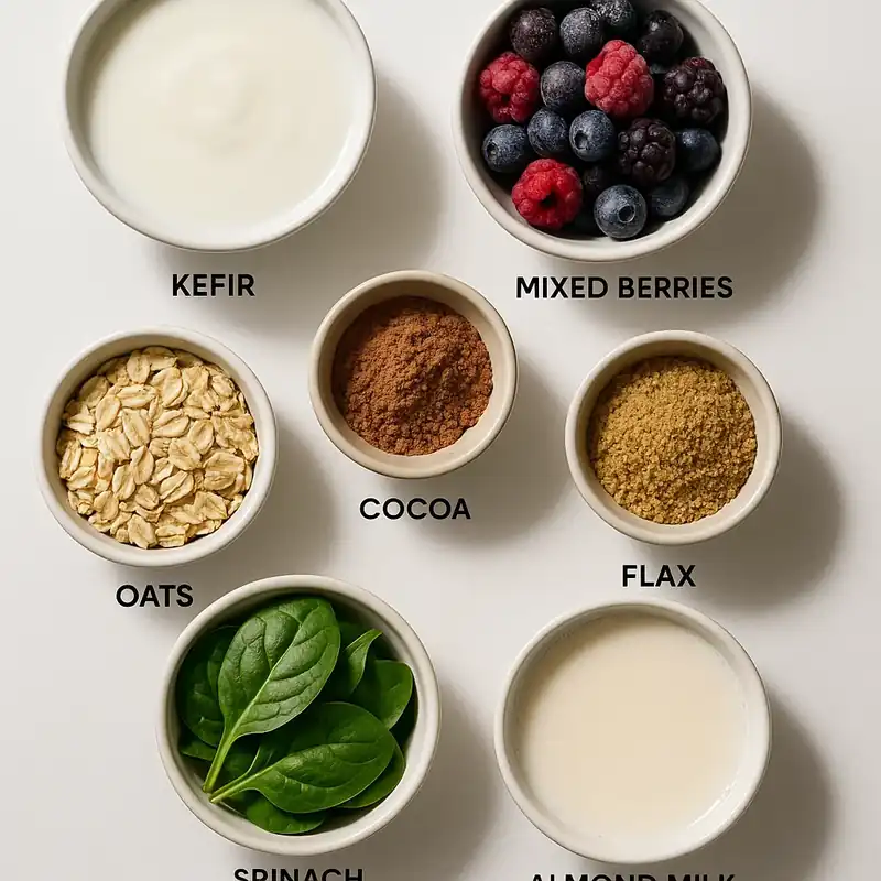 Psychobiotic Smoothie Recipe: Gut-Loving Morning Fuel 8 Psychobiotic Smoothie Recipe ingredients flat-lay
