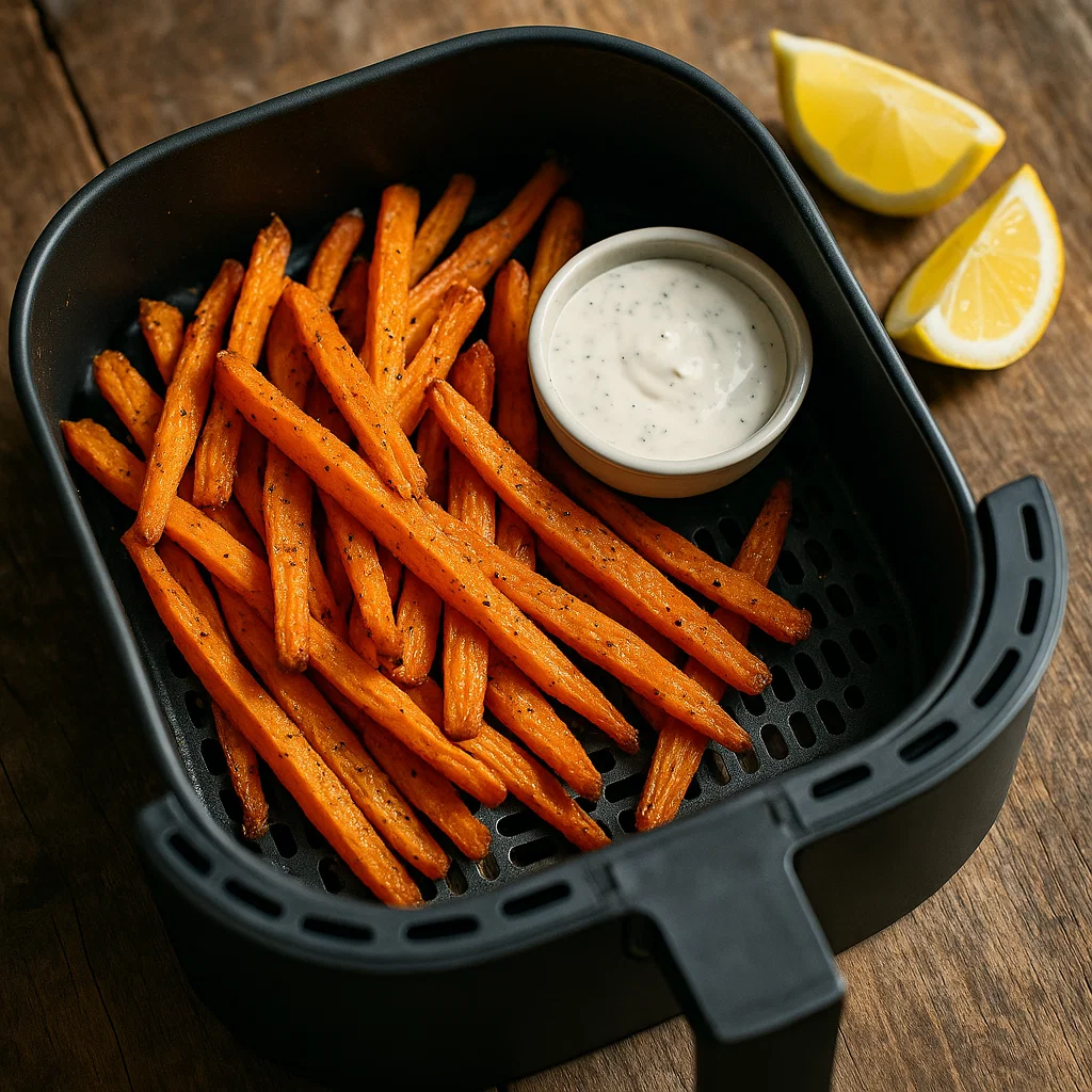 air fryer carrot fries in basket with dip