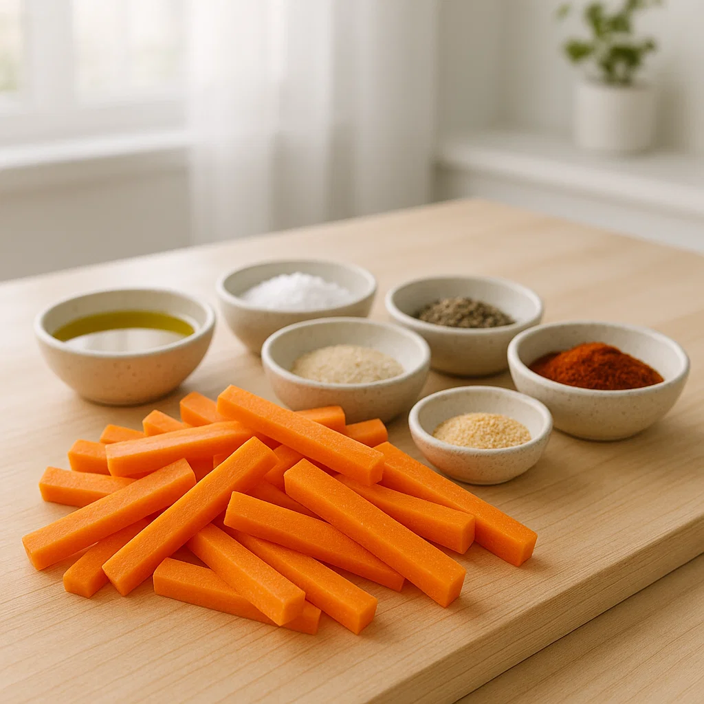 Air Fryer Carrot Fries: 5 Genius Tips for Perfect Crunch 8 ingredients for air fryer carrot fries on board