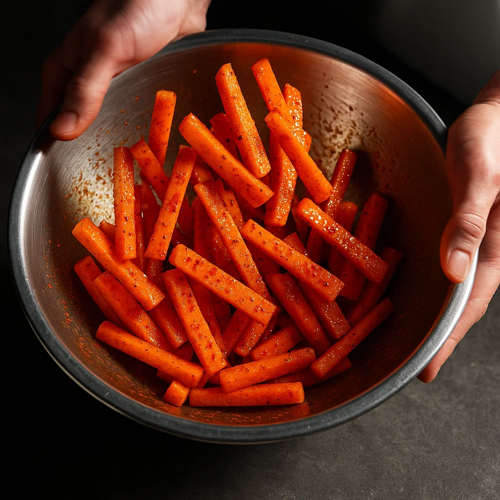 Air Fryer Carrot Fries: 5 Genius Tips for Perfect Crunch 9 tossing carrots with spices for air fryer carrot fries