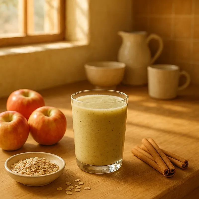 Apple pectin detox smoothie in sunlit kitchen