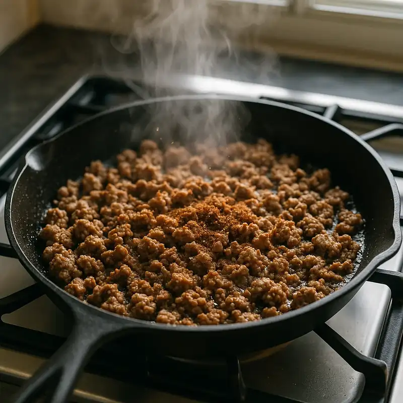 Sweet Potato Burger Bowl – Ultimate 40-Min Healthy Win 8 sizzling ground beef with spices browning in cast iron skillet on stovetop