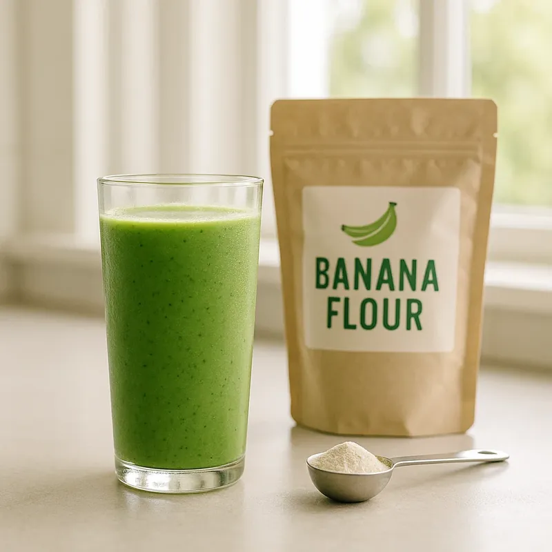 green banana flour smoothie in a sunlit kitchen