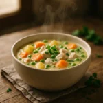 Healthy chicken pot pie soup in a rustic bowl