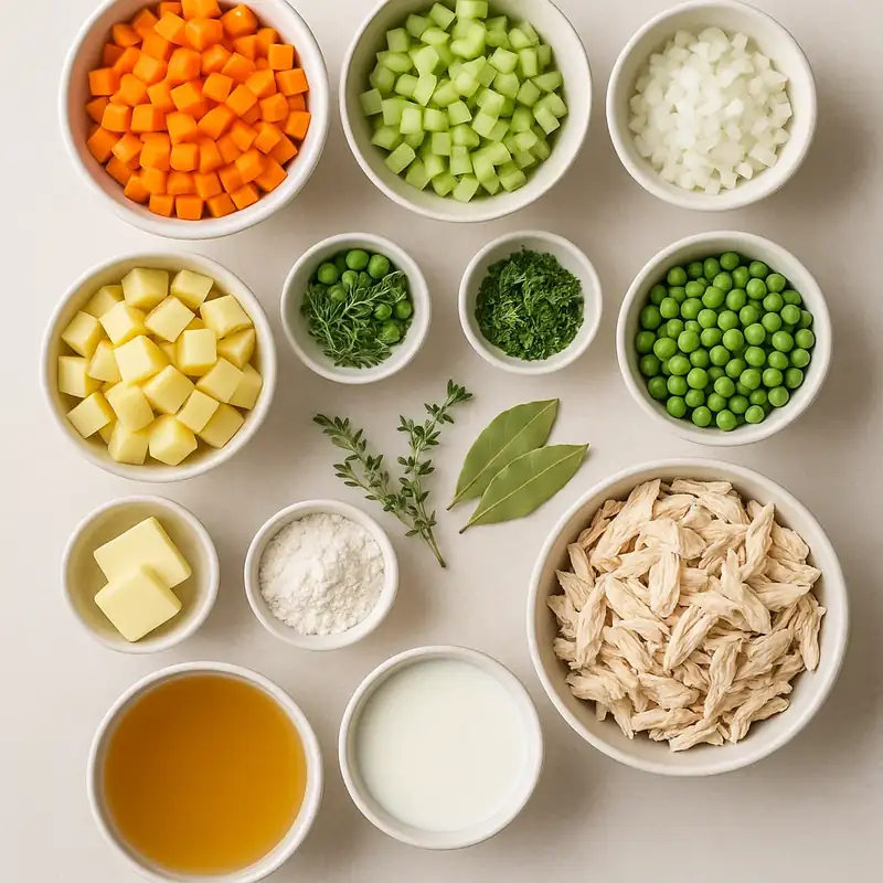 Healthy Chicken Pot Pie Soup – 5 Brilliant Tips, Feel-Good Flavor 6 Healthy chicken pot pie soup ingredients flat lay