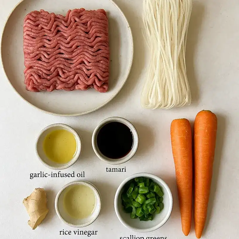 Low FODMAP Beef and Noodles – 5 Genius Tips, Comfort Wins 8 low fodmap beef and noodles ingredients flat lay