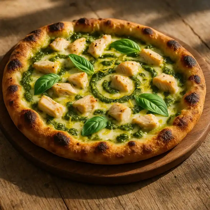 low FODMAP chicken pesto pizza on a wooden board