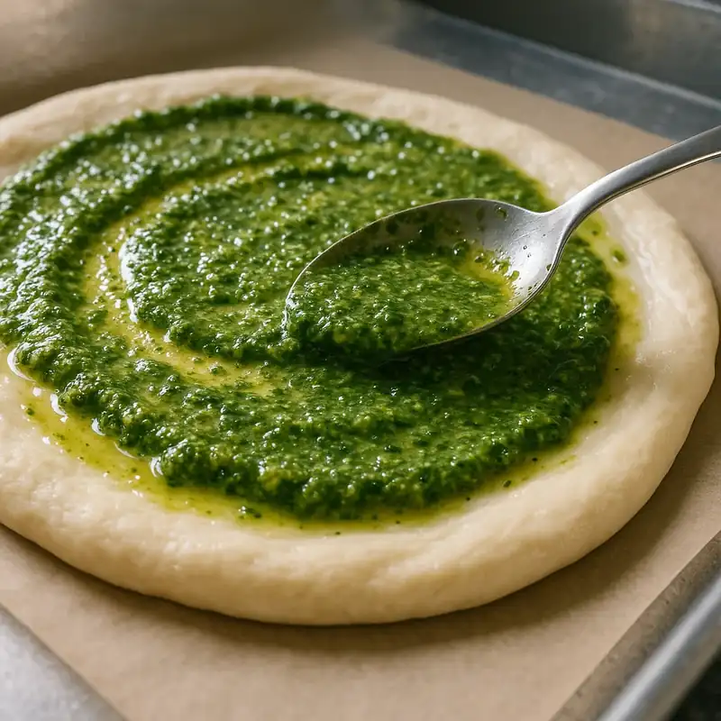 Low FODMAP Chicken Pesto Pizza – Bright, Crispy, Comforting 7 spreading low FODMAP pesto on pizza dough