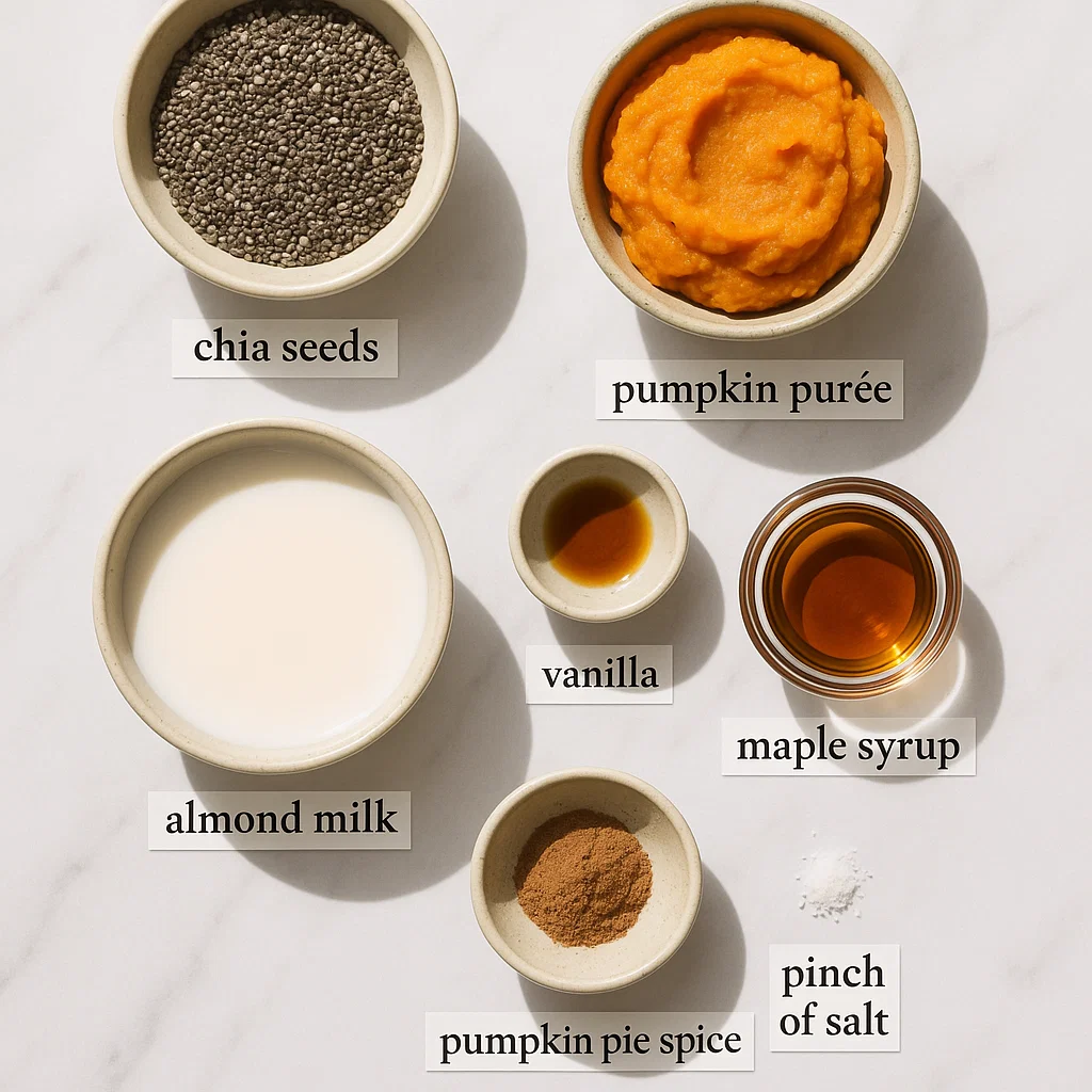 Pumpkin Chia Pudding – Cozy, Healthy, Make-Ahead Breakfast 5 pumpkin chia pudding ingredients flat lay