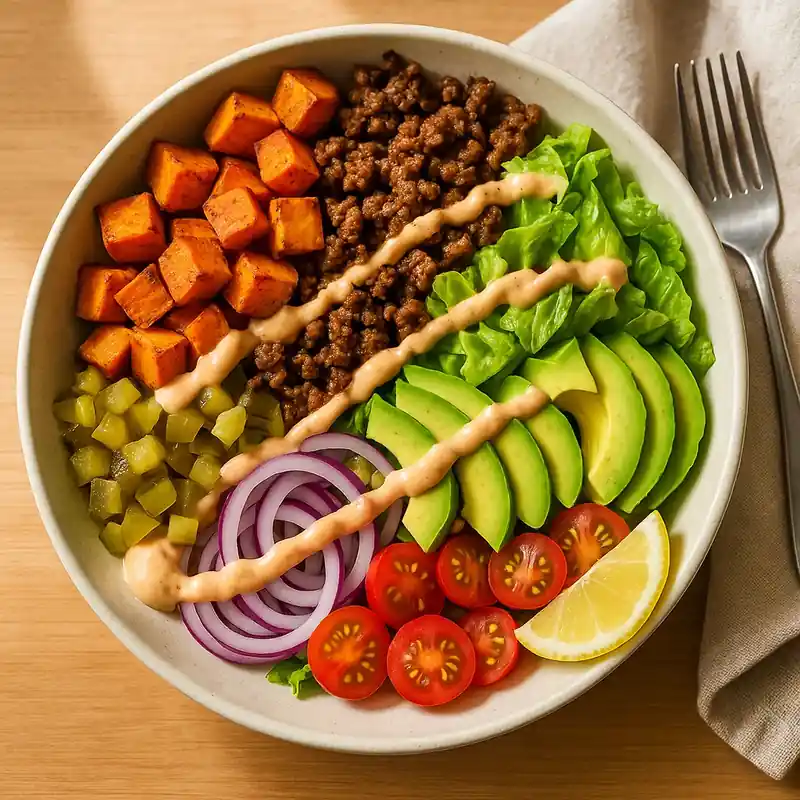 Sweet Potato Burger Bowl with toppings and sauce