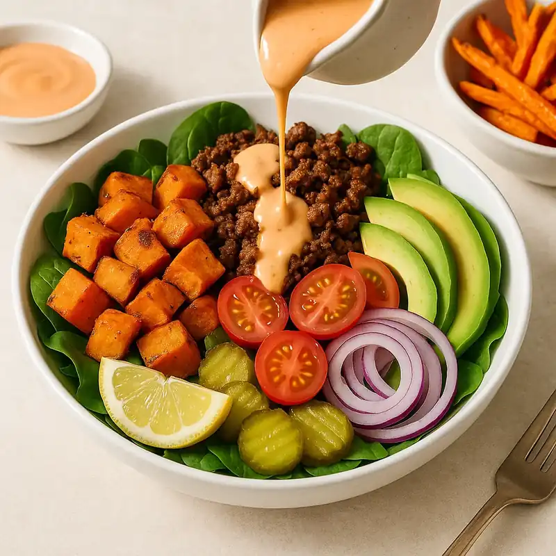 Sweet Potato Burger Bowl – Ultimate 40-Min Healthy Win 9 Served Sweet Potato Burger Bowl with carrot fries