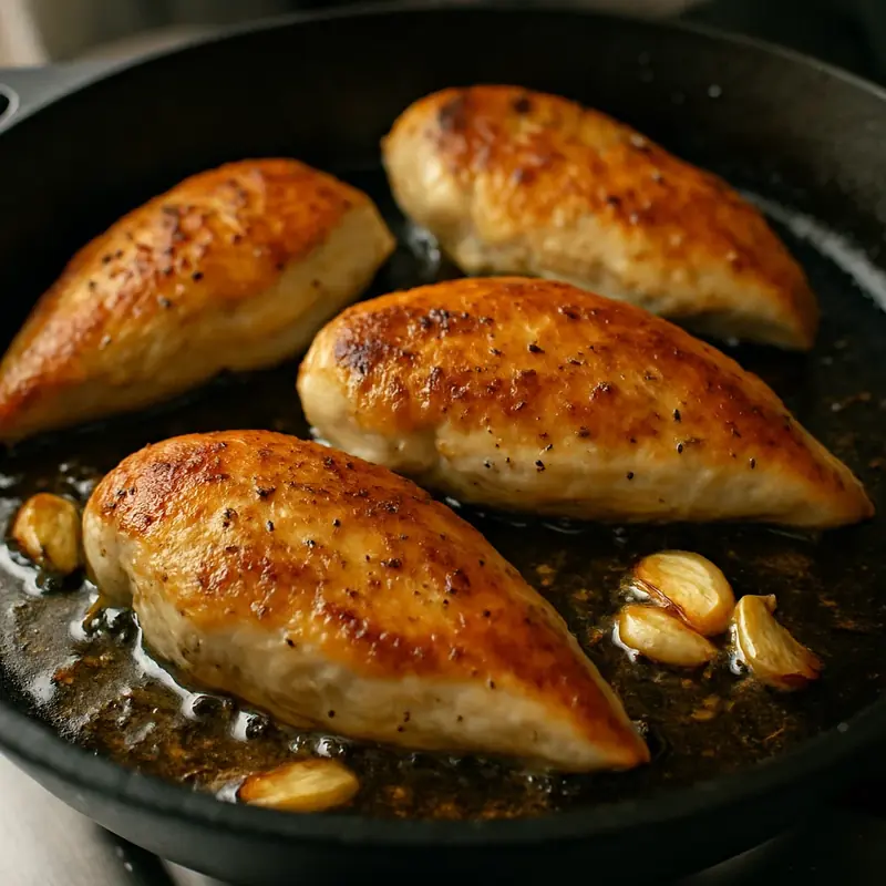 Golden chicken seared perfectly in garlic-infused olive oil